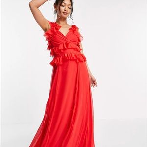 NWT ASOS DESIGN tiered ruffle maxi dress with tie back in red